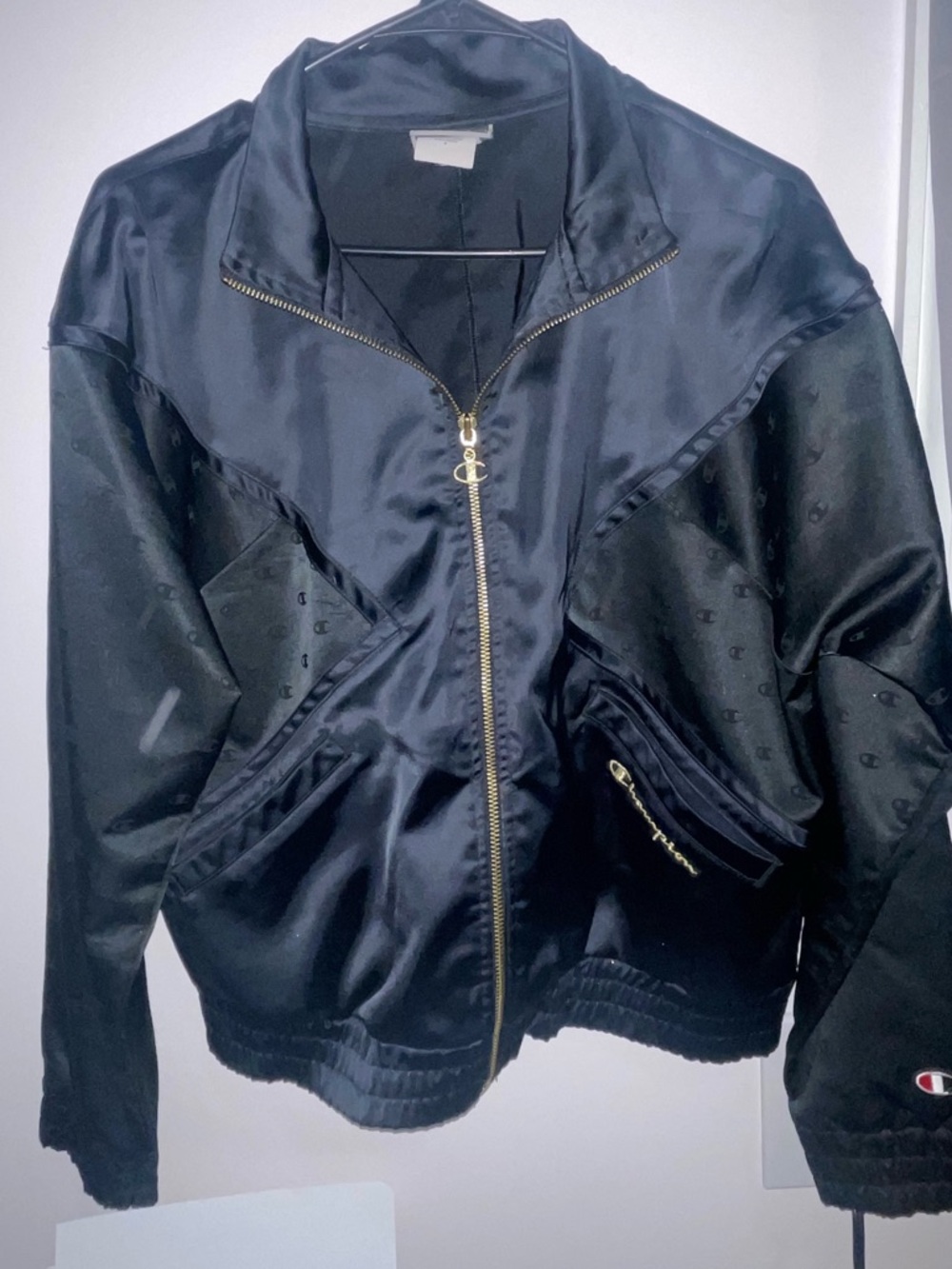 Champion Black Satin Bomber Jacket with Gold Zipper